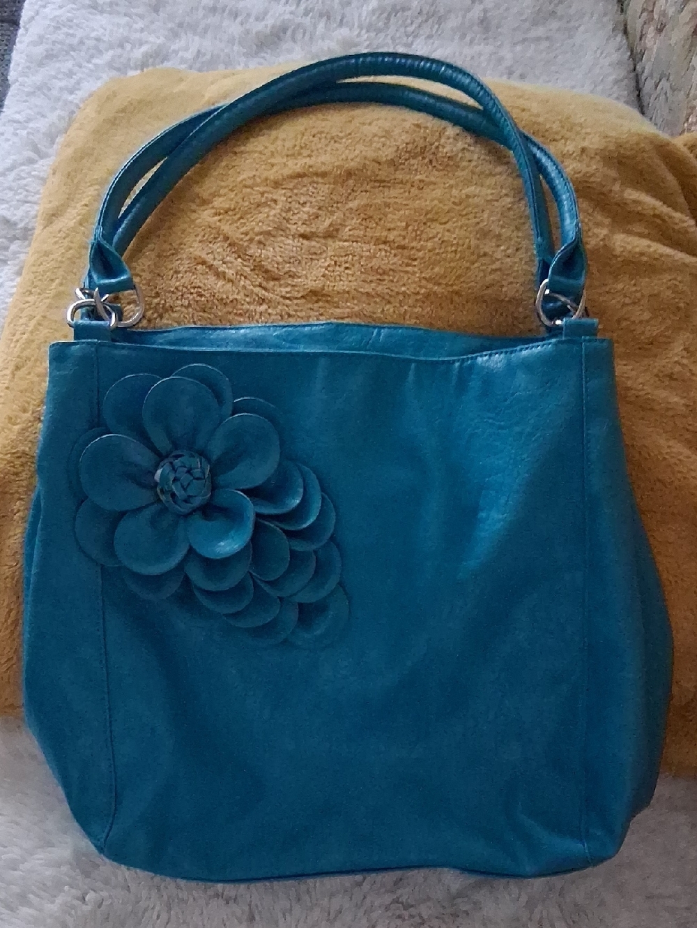 Teal Floral Leather Tote Bag - Women's Shoulder Handbag